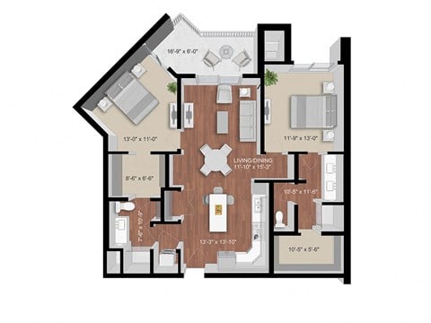 Floor plan for 2 beds, 2 baths, 1233 sqft